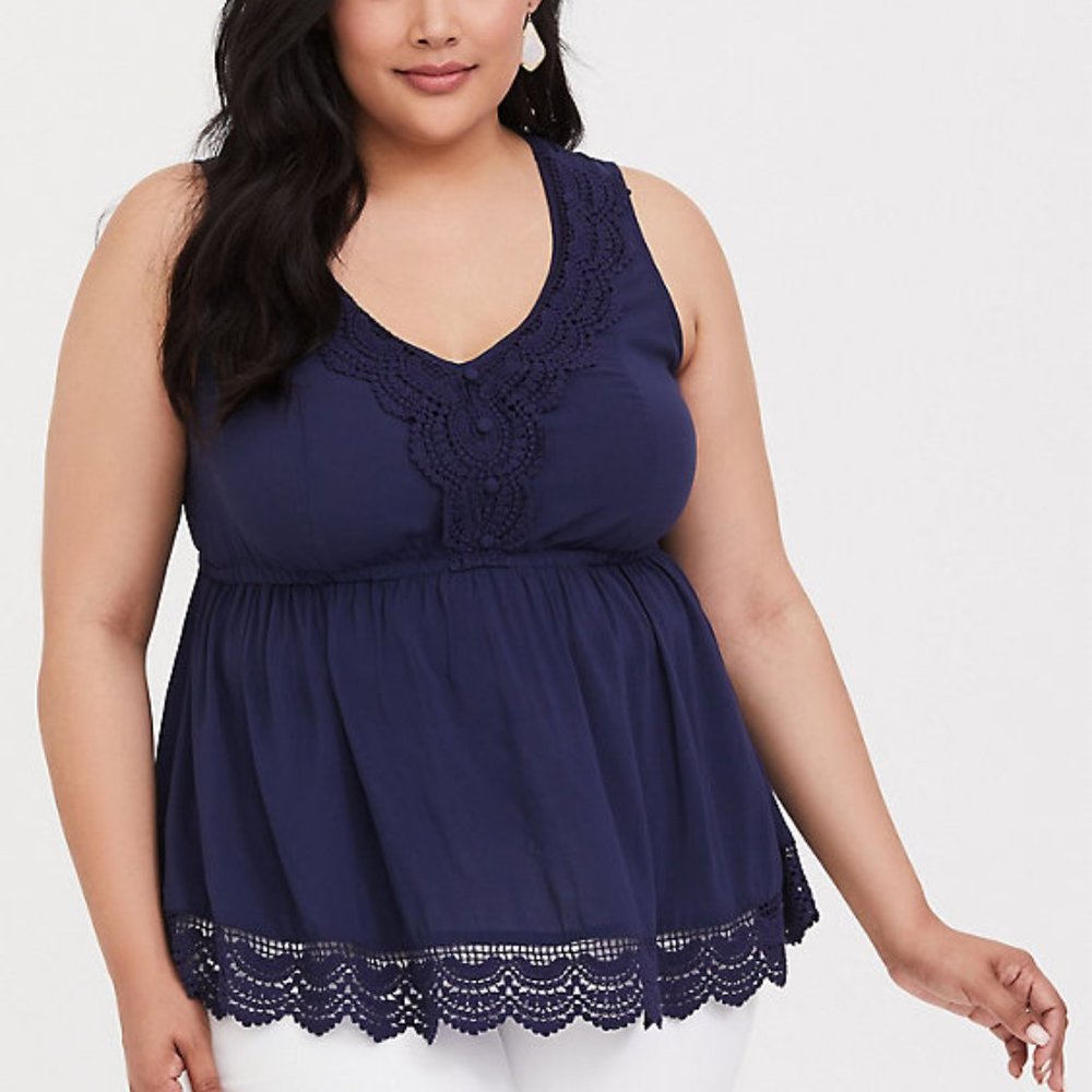 NAVY CHALLIS CROCHET BABYDOLL TANK - Size 1